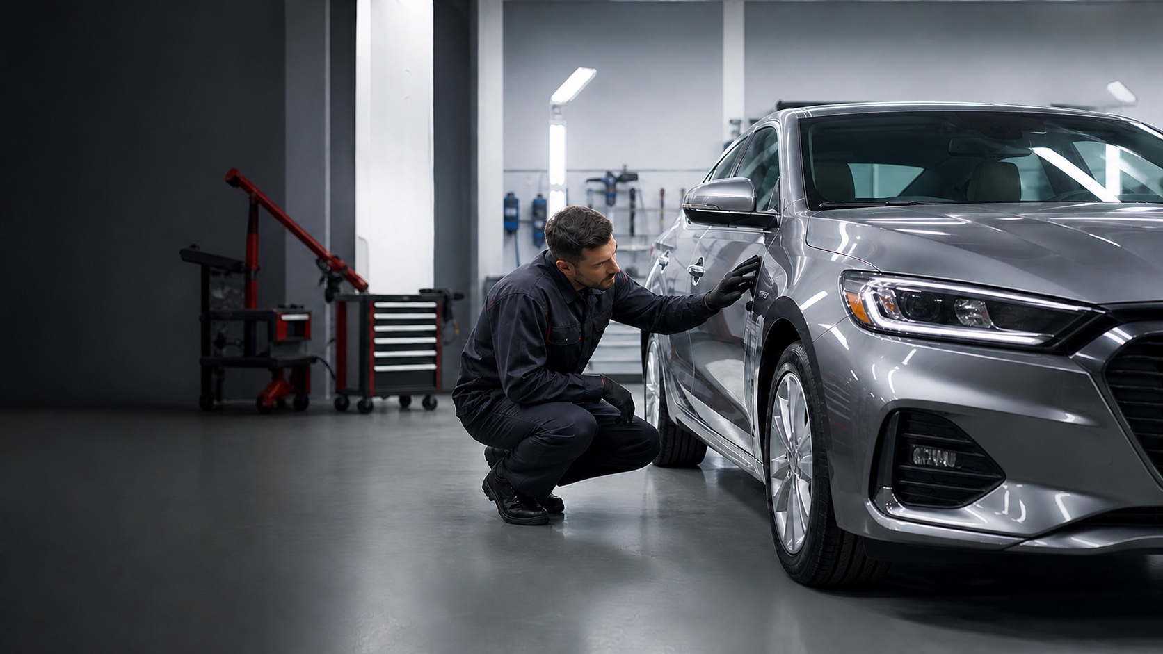 Technician inspecting a vehicle for repair estimation in a modern workshop